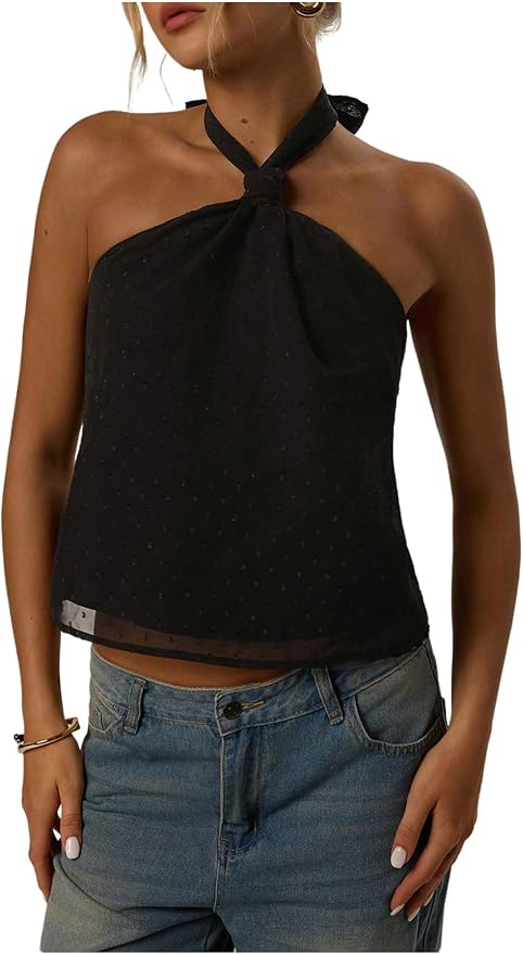 Tie Back Halter Tops Sheer Swiss Dots Going Out Tops