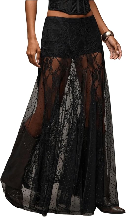 Lace Sheer Maxi Skirts Polka Dots Ruffle Skirts