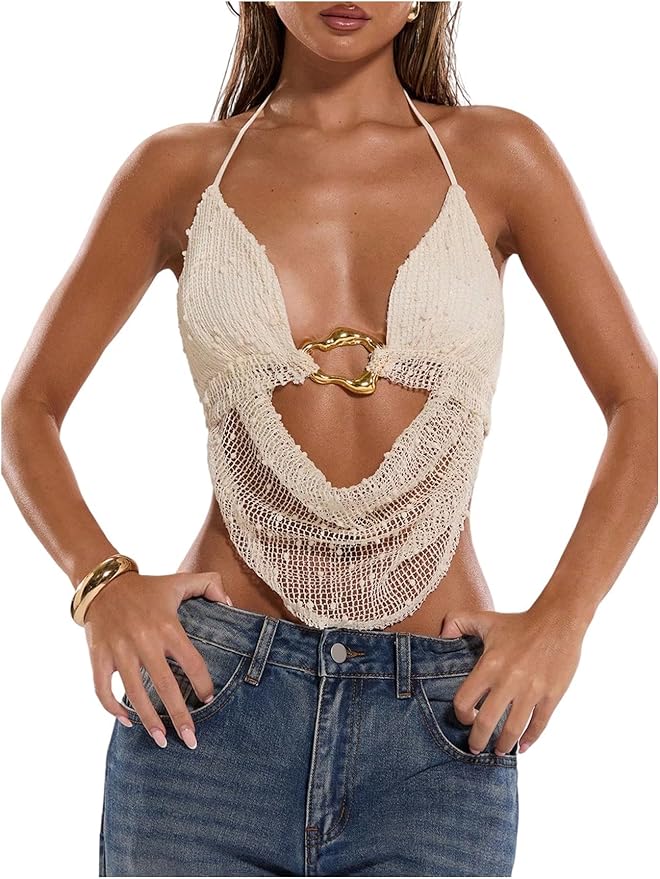 Crochet Halter Tank Top Open Back Rave Going Out Tops